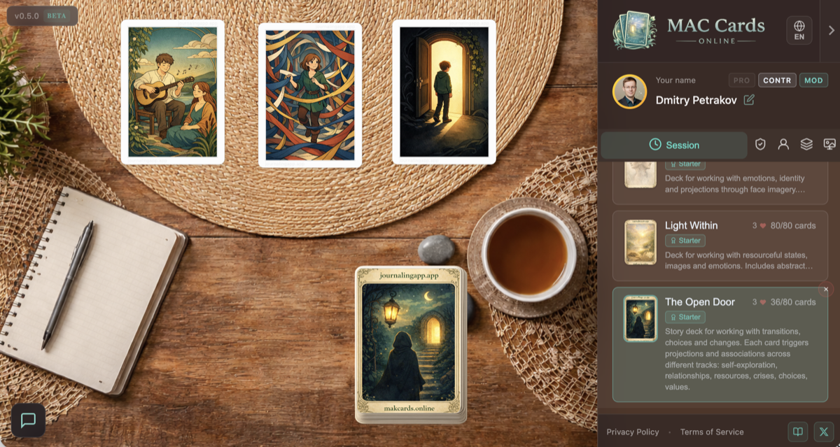 Self-reflection room with cards laid out on the board