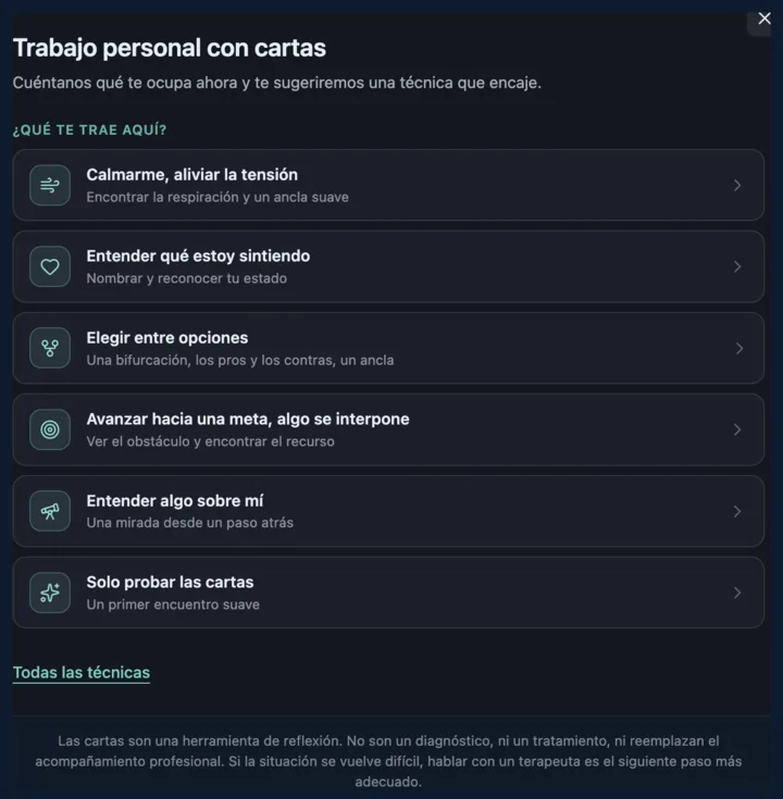 Pantalla de selección de pregunta en Self-Work Navigator