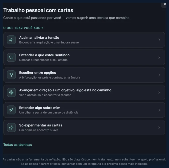 Tela de seleção de pergunta no Self-Work Navigator